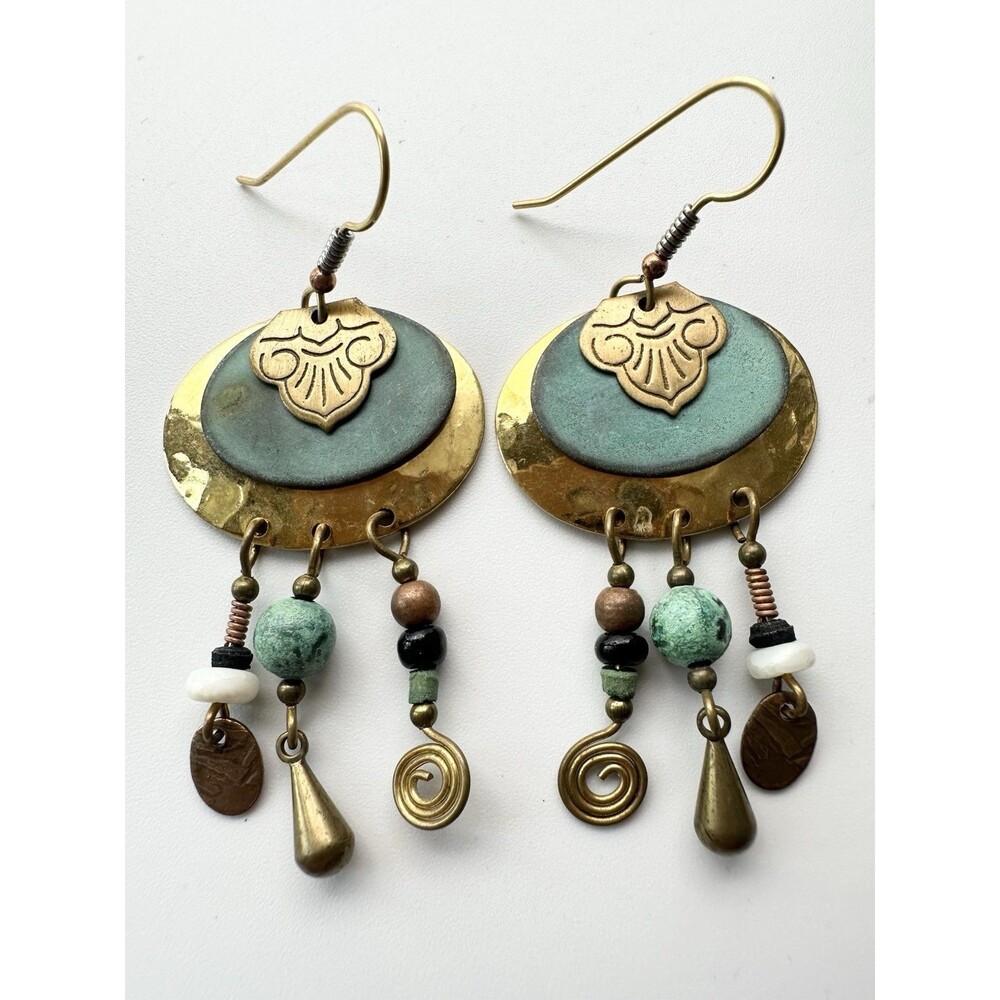 Vintage Teal Metal Gemstone Dangle Pierced Earrings